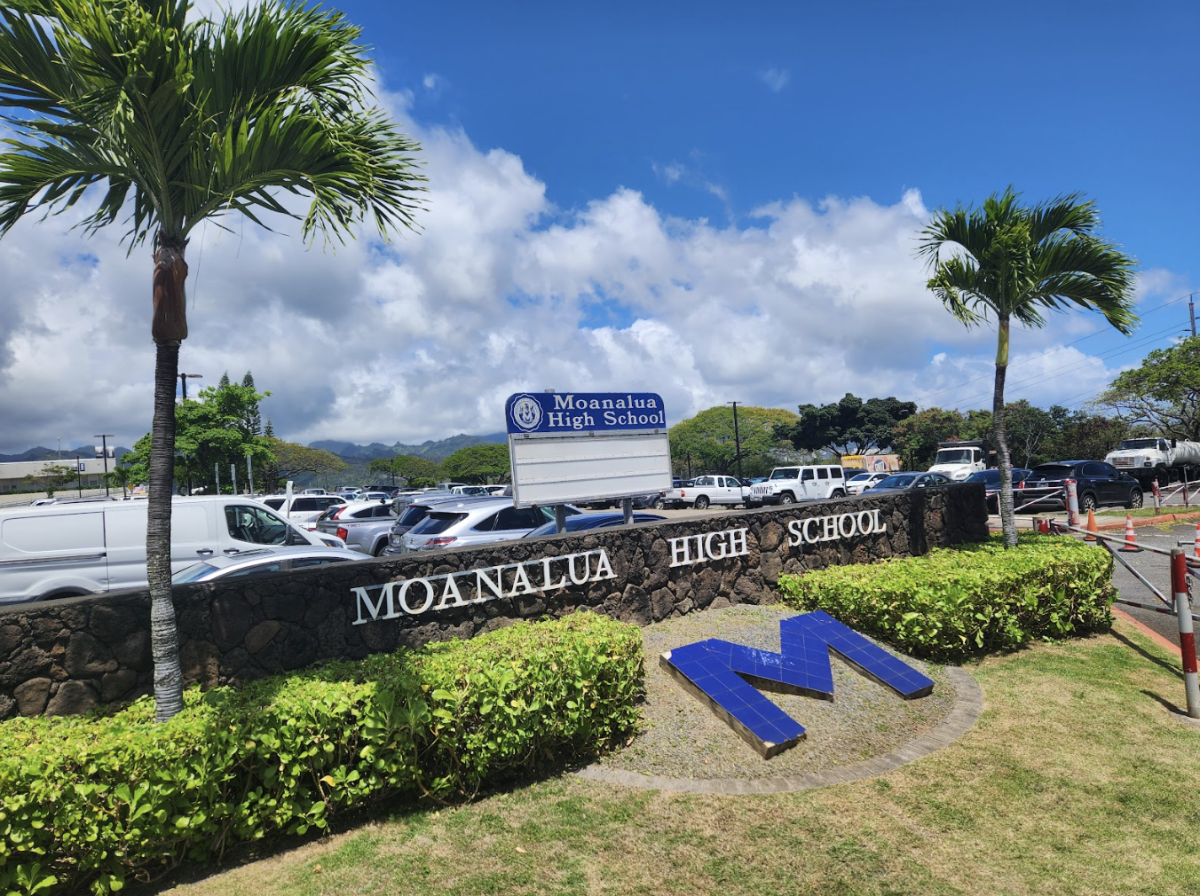 Sign at the front of Moanalua High School.
A shadow of a palm tree falls upon the sign, alluding to possible impending trouble.
